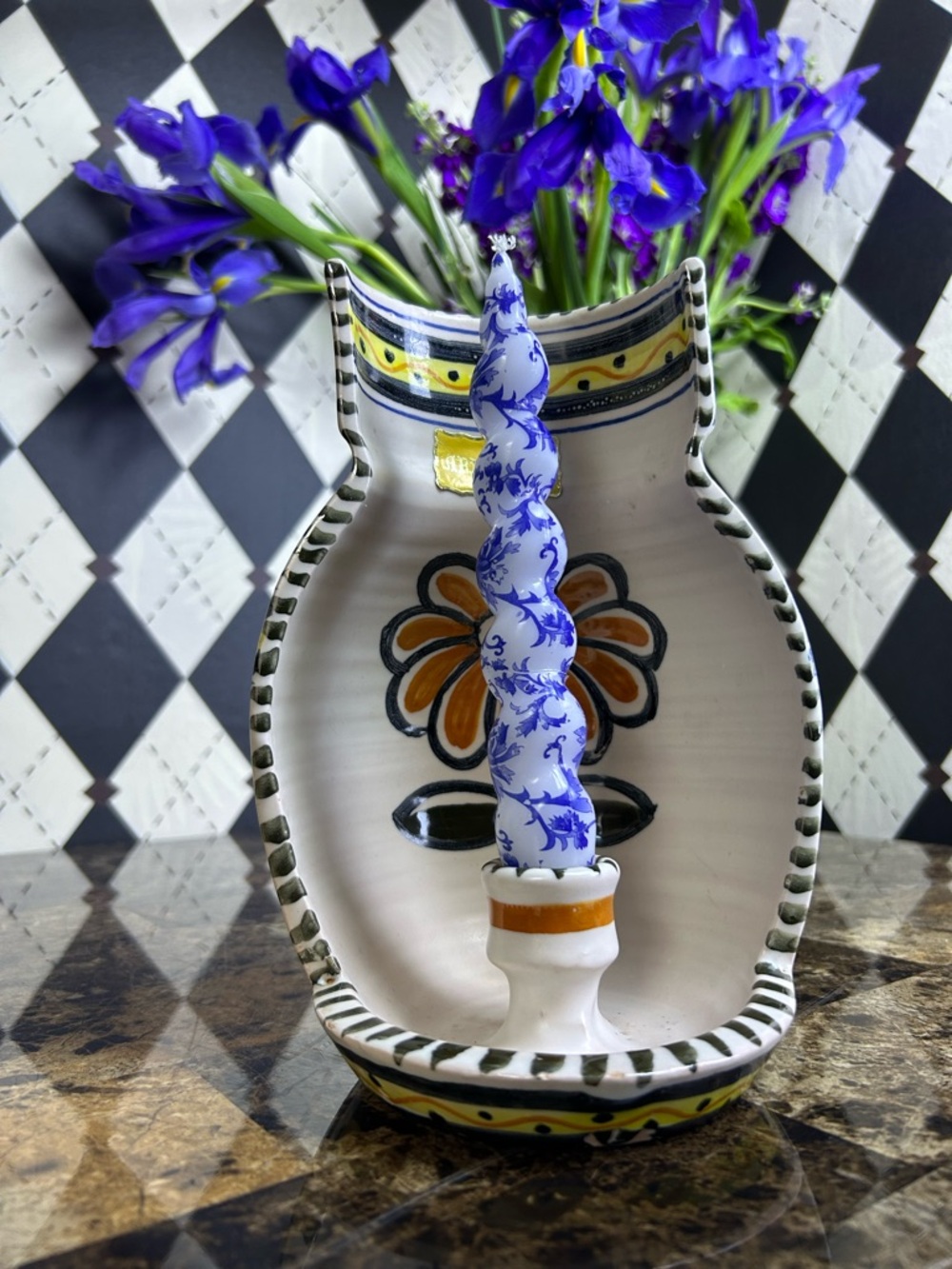 Large Spanish Ceramic Candle Holder Hand Painted Floral Jug Talavera Folk Art